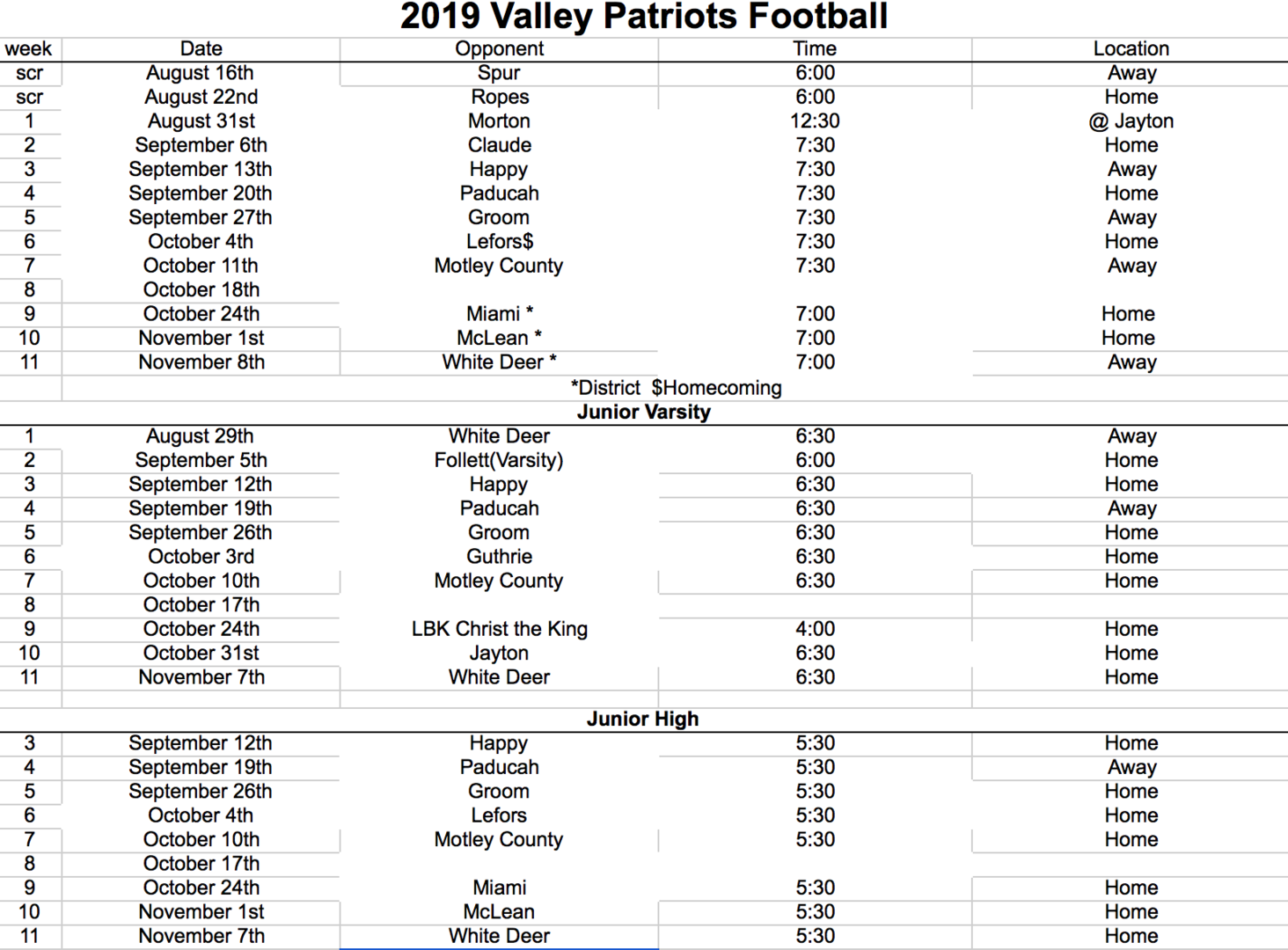 2019 Football Schedule